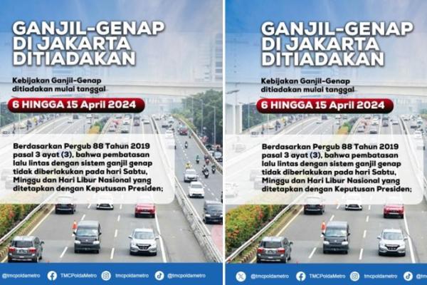 Pemberlakukan ganjil genap selama libur lebaran 2024 ditiadakan.