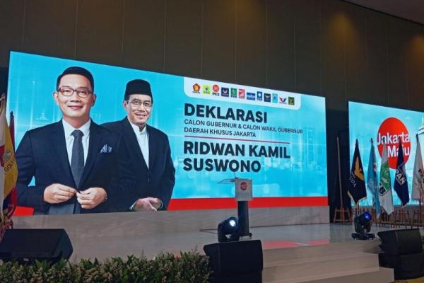 Pada hari ini, Senin 19 Agustus 2024, kami partai politik yang tergabung dalam koalisi Jakarta Baru untuk Jakarta Maju menyatakan mengusung Ridwan Kamil sebagai calon gubernur dan Suswono sebagai calon wakil gubernur pada Pemilihan Kepala Daerah Khusus Jakarta 2024.