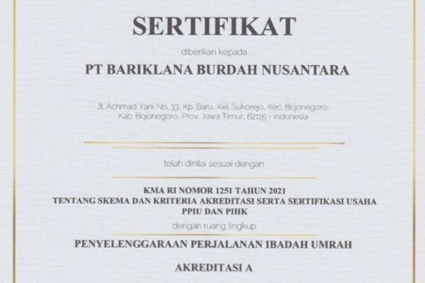 PT Bariklana Burdah Nusantara atau Bariklana Tour telah resmi mengantongi sertifikat PPIU dengan akreditasi A sejak tahun ini